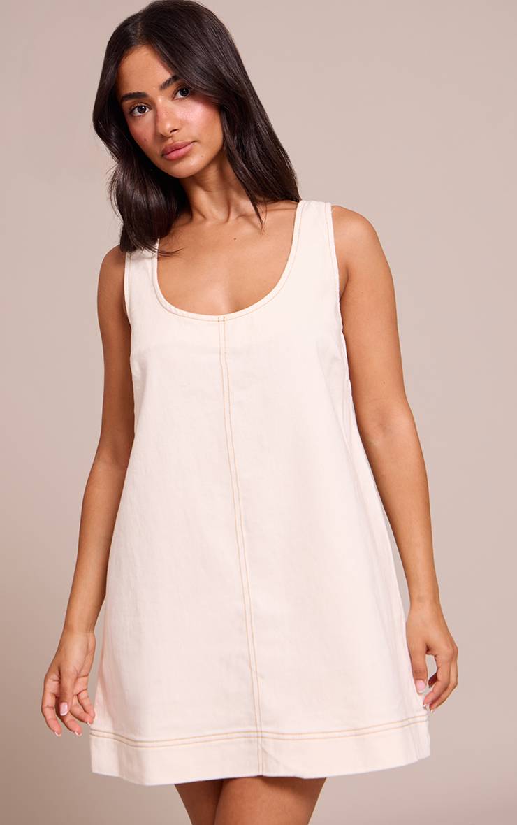 Ecru Robe Mini Évasée En Denim Sans Manches Petite