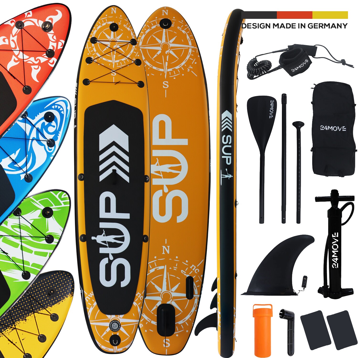 24MOVE® Standup Paddle Board SUP, inkl. umfangreichem Zubehör, Paddel und Hochdruckpumpe, ORANGE, 366x80x15cm