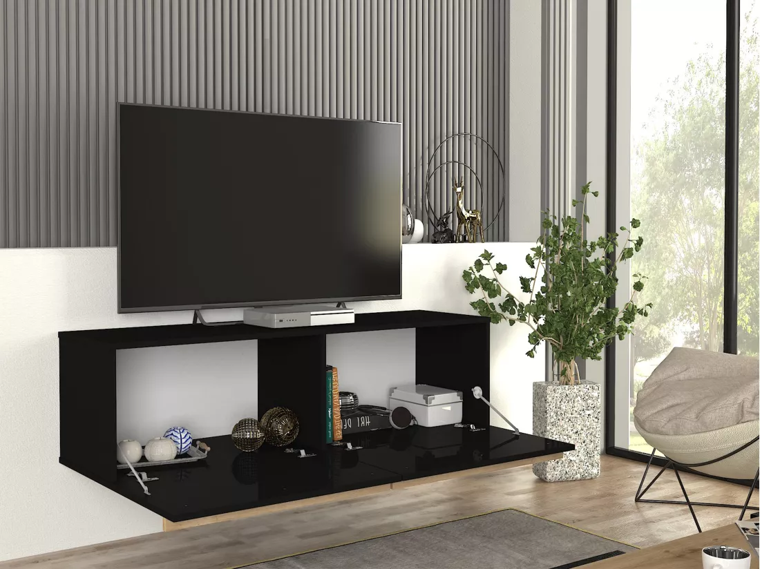 Meuble TV suspendu avec 2 portes - Noir - MIELONA