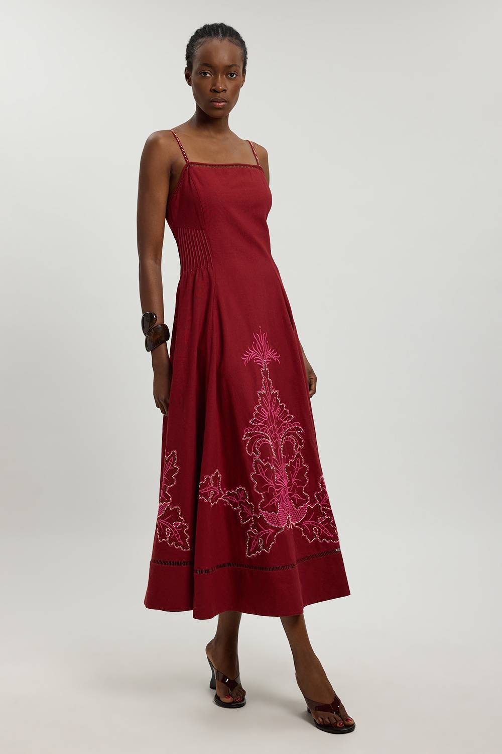 KarenMillen Robe Midi À Bretelles En Mélange De Lin Avec Broderie Ajourée Perlée