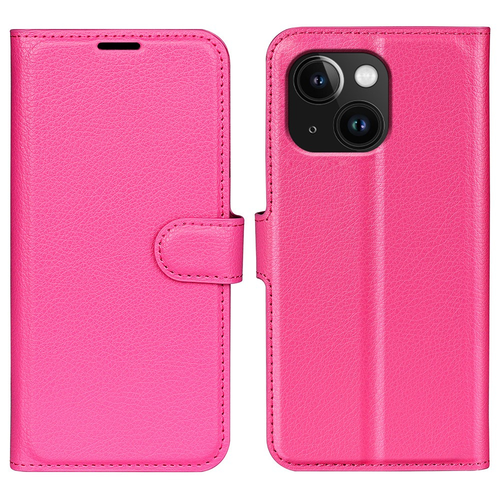 iPhone 15 Leder Tasche Flip Cover Litchi Look - Pink