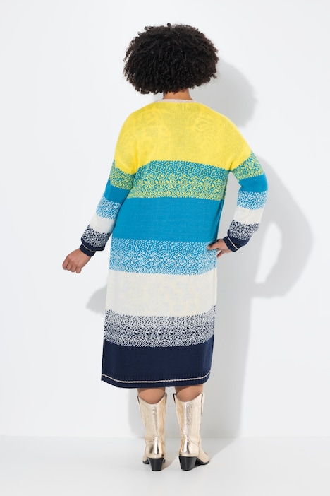 Strickjacke, offene Form, Feinstrick, Blockstreifen, Langarm