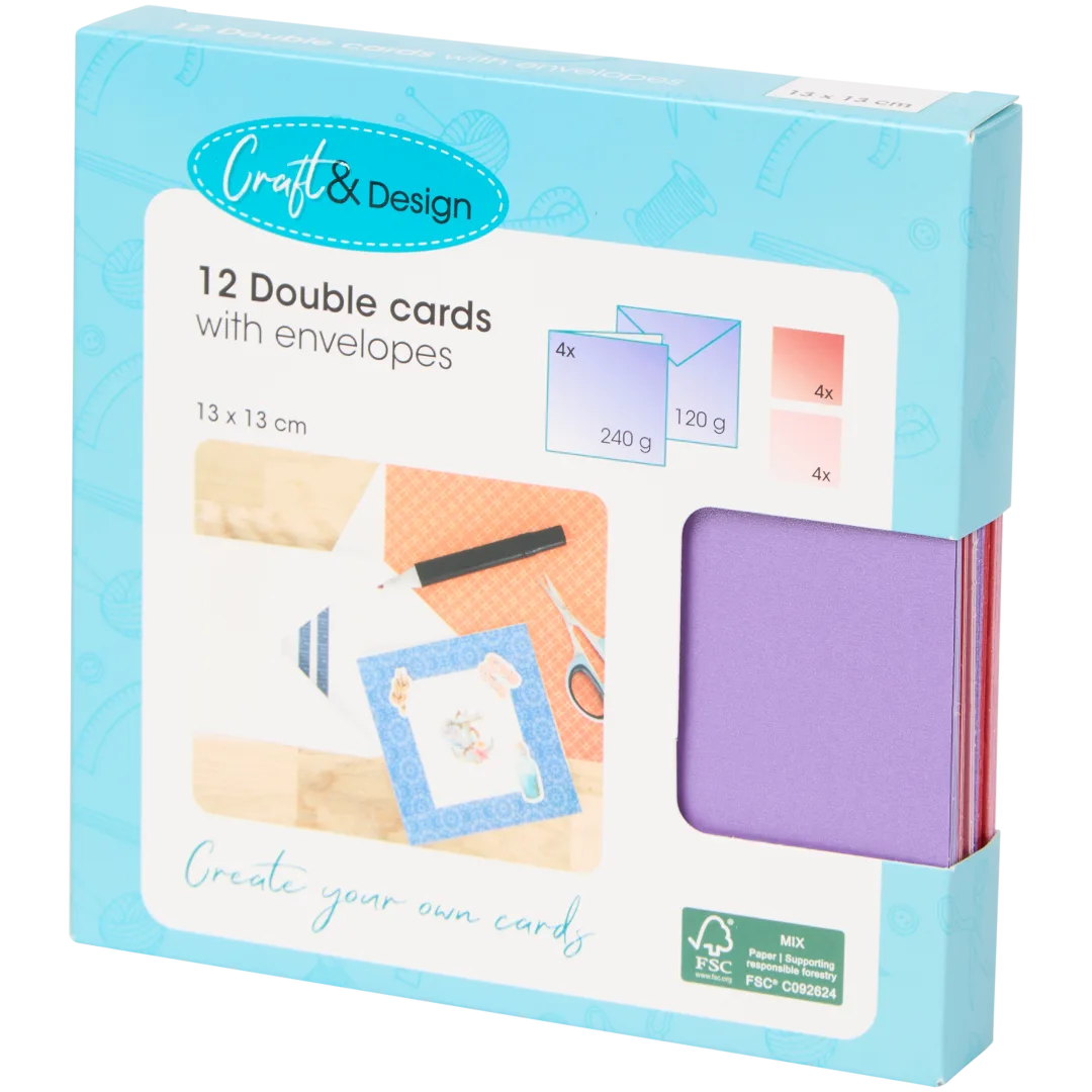 Craft & Design kaarten met envelop 12 stuks | diverse kleuren