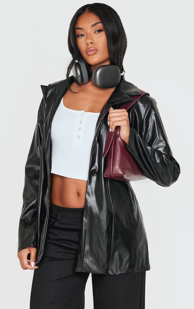 Noir Blazer Long En Synthétiquecuir Avec Détail De Revers