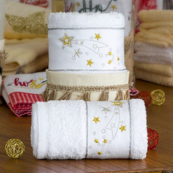 Panos Cozinha Natal Gold Stars com Cesto em Linho Branco - PCOZ0128