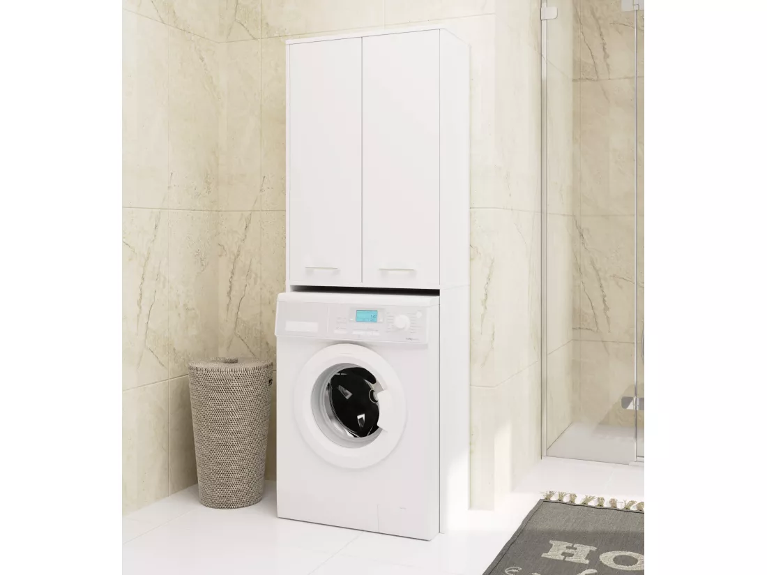 Meuble pour machine à laver FIN Blanche 64 cm 2 portes façade Blanche 4 étagères 64x30x180 cm