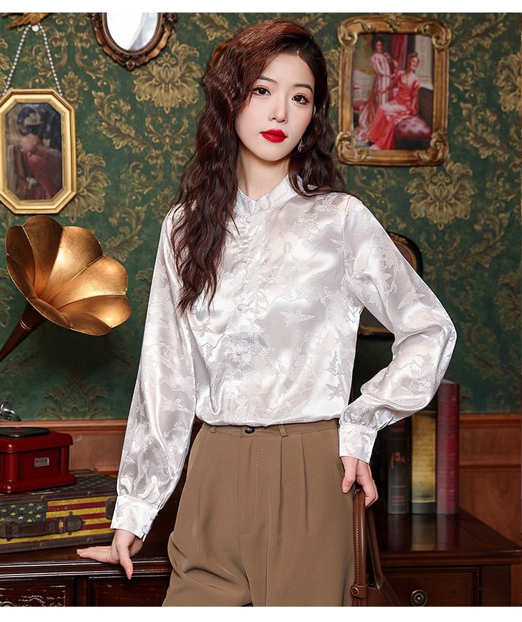 Dragan Pulse - Blouse met pofmouwen, bloemenjacquard en hoge hals