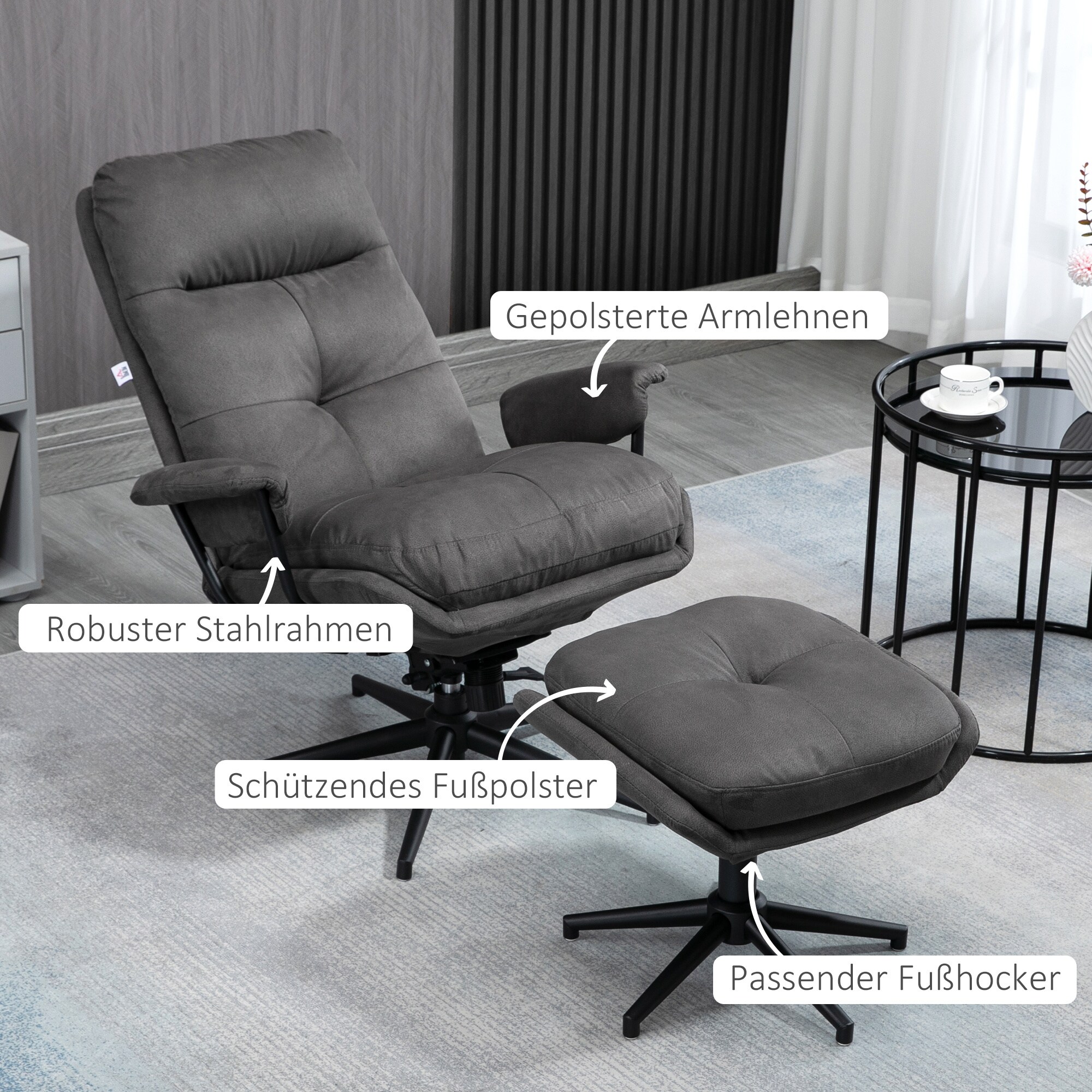 HOMCOM Relaxsessel mit Hocker grau 78L x 91B x 103,5H cm