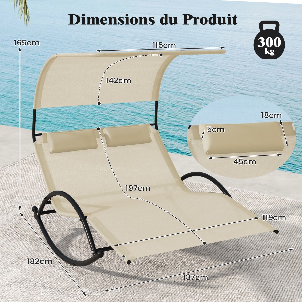 Chaise Longue Double Chaise à Bascule pour 2 Personnes 2 Appui-Têtes Amovibles Cadre en Métal Robuste Lit de Repos Ergonomique 2 Places Gris/Noir/Beige - Lidl-Manfred