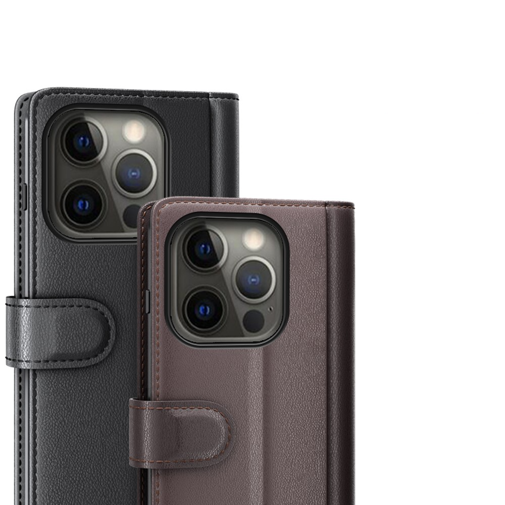 iPhone 13 Pro Echtleder Tasche Hülle Flip Cover mit Kartenfach - Schwarz