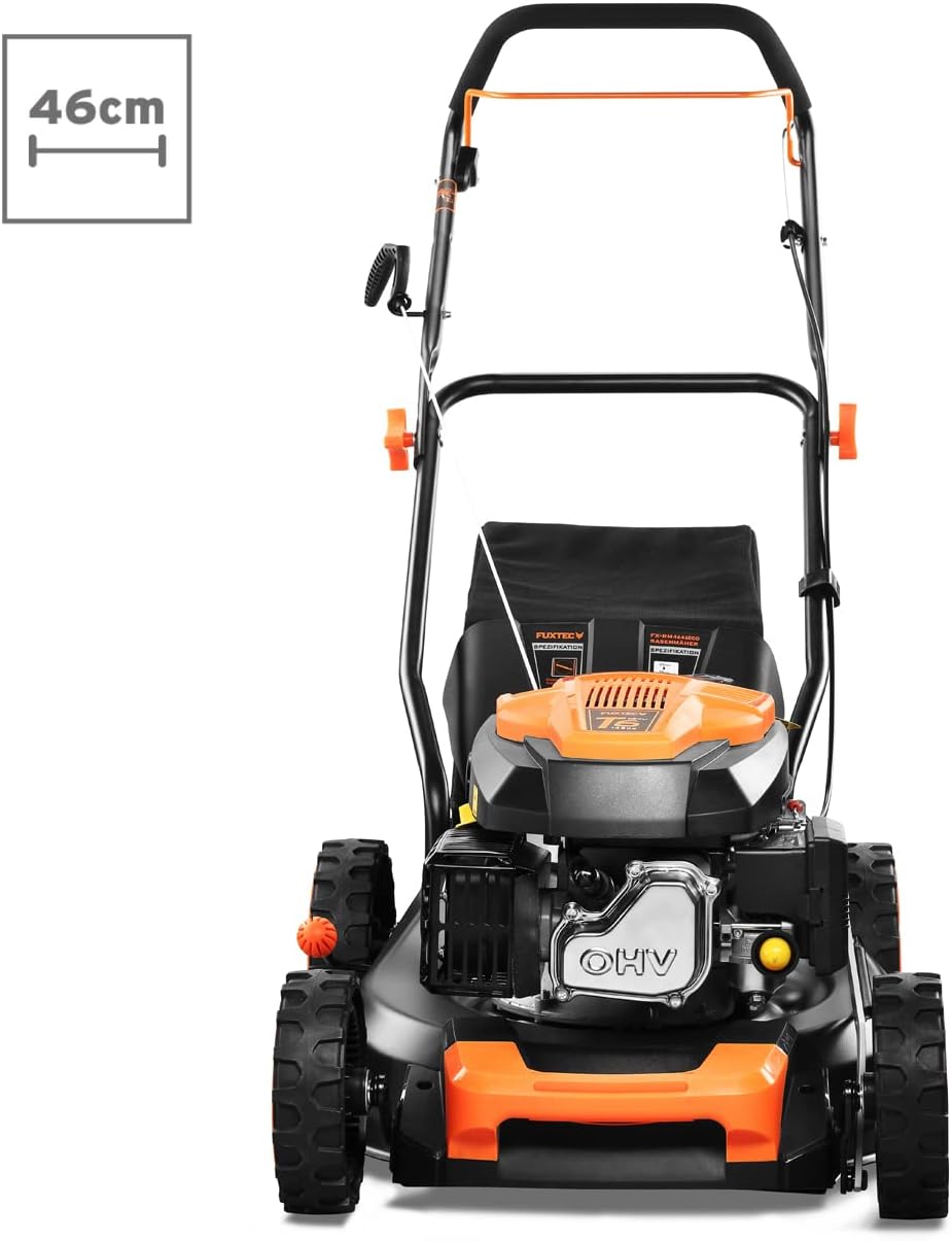 FUXTEC 3in1 Benzin Rasenmäher FX-RM4646ECO mit Frontbumper, leichtgewichtiger Gartenmäher mit Edge-Cut, 46 cm Schnittbreite, starker 4-Takt-Motor, Heckauswurf, Big Wheel Räder, 50L Grasfangkorb