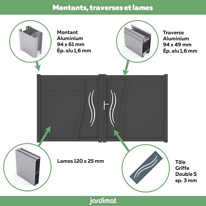 Portail Jardimat battant aluminium Emagny noir - 350 x h.180 cm