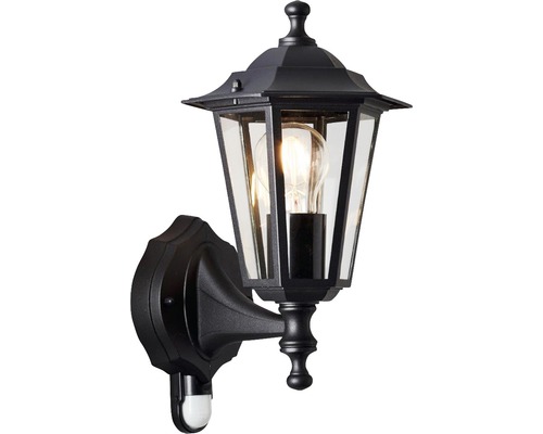 Sensor geactiveerde buitenwandlamp, staand, IP44, 1-lichts, HxBxD 305x235x190 mm, Carleen, zwart metaal met bewegingsmelder