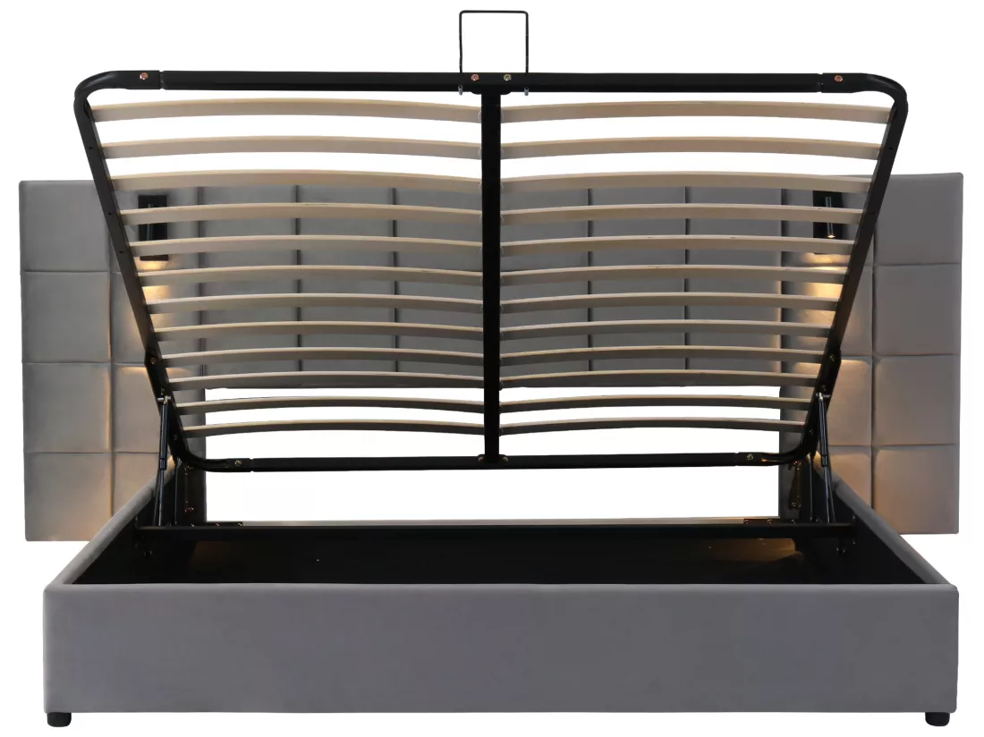 Lit coffre avec tête de lit réglable - 140 x 200 cm - velours - avec lampe orientable et USB - gris