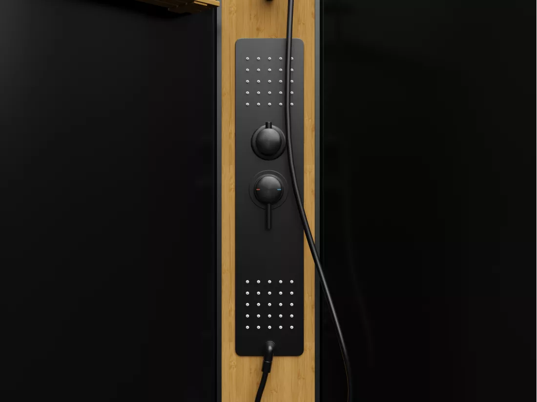 Cabine de douche hydromassante carrée avec panneau en bambou - Noir - L90 x l90 x H225 cm - DESULO