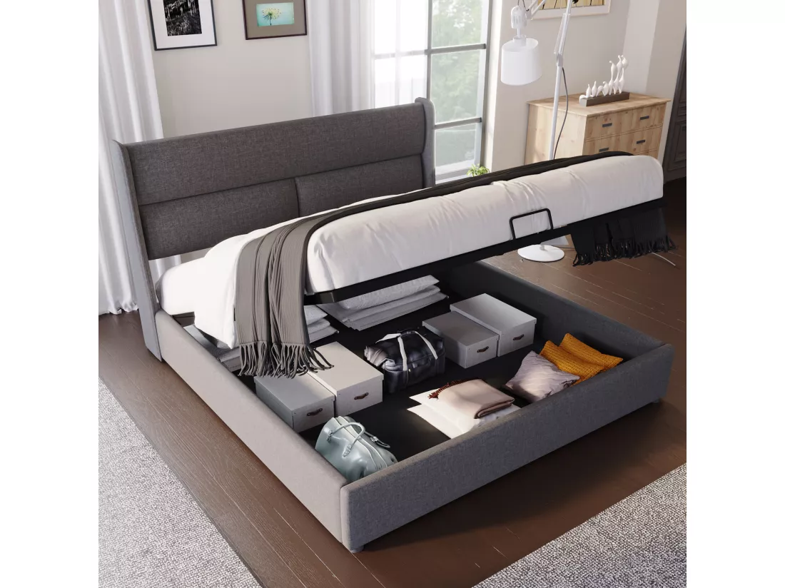 Lit coffre 140x200cm avec tête de lit réglable en tissu de lin - Gris