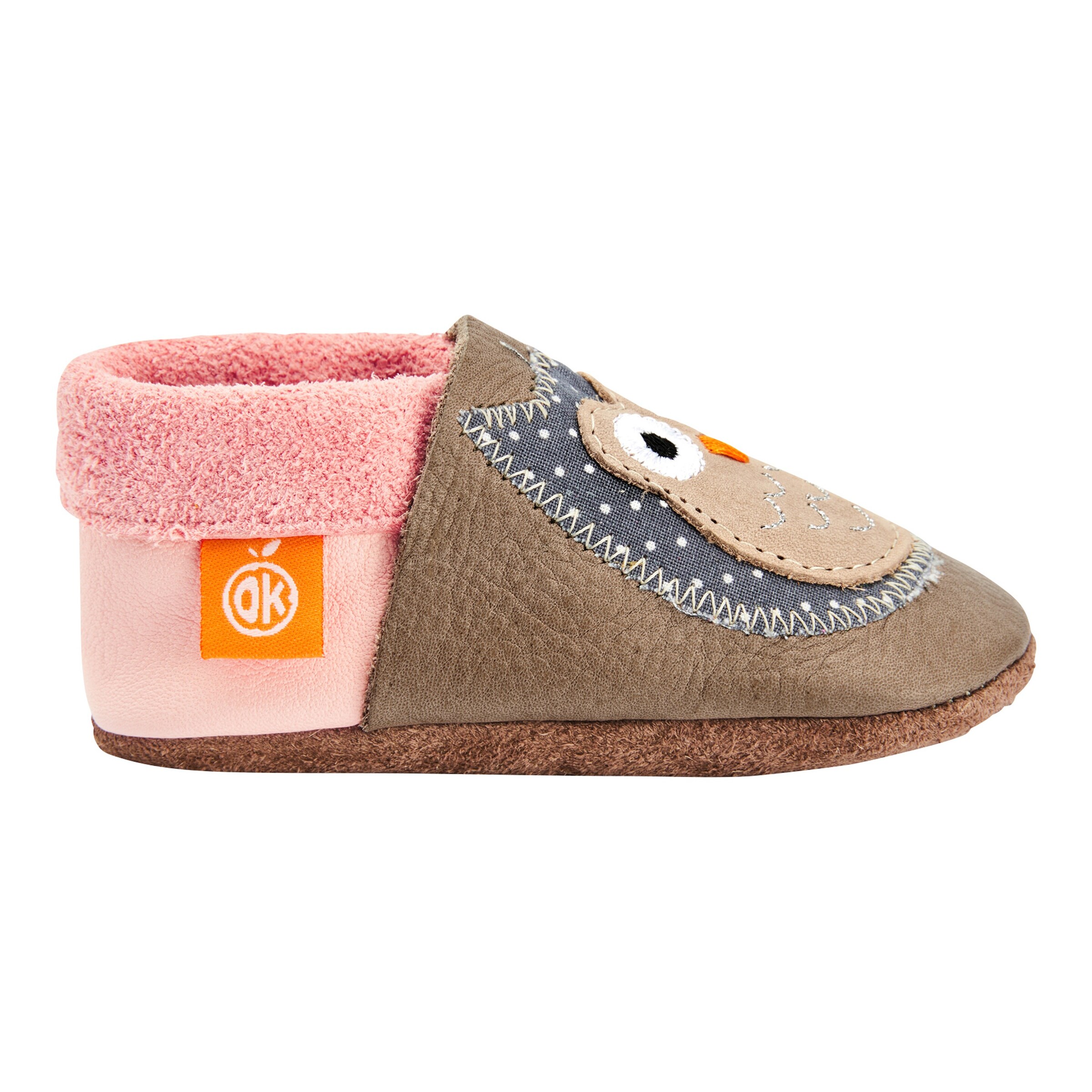 Orangenkinder Krabbel- und Hausschuhe Eule taupe/rosa