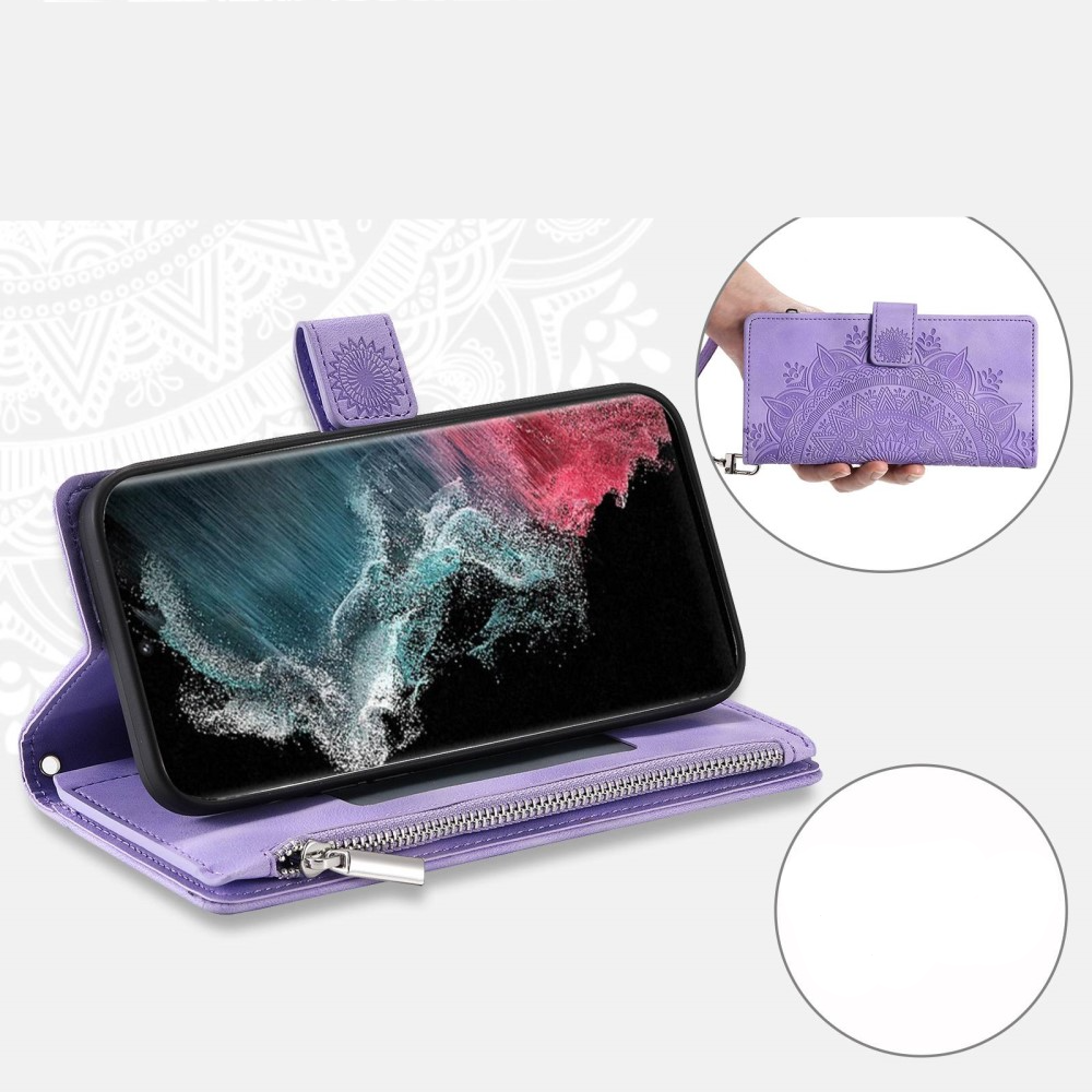 Samsung Galaxy S23 Ultra 5G Leder Tasche Flip Cover mit Reissverschluss - Mandala Flowers Imprint - Lila