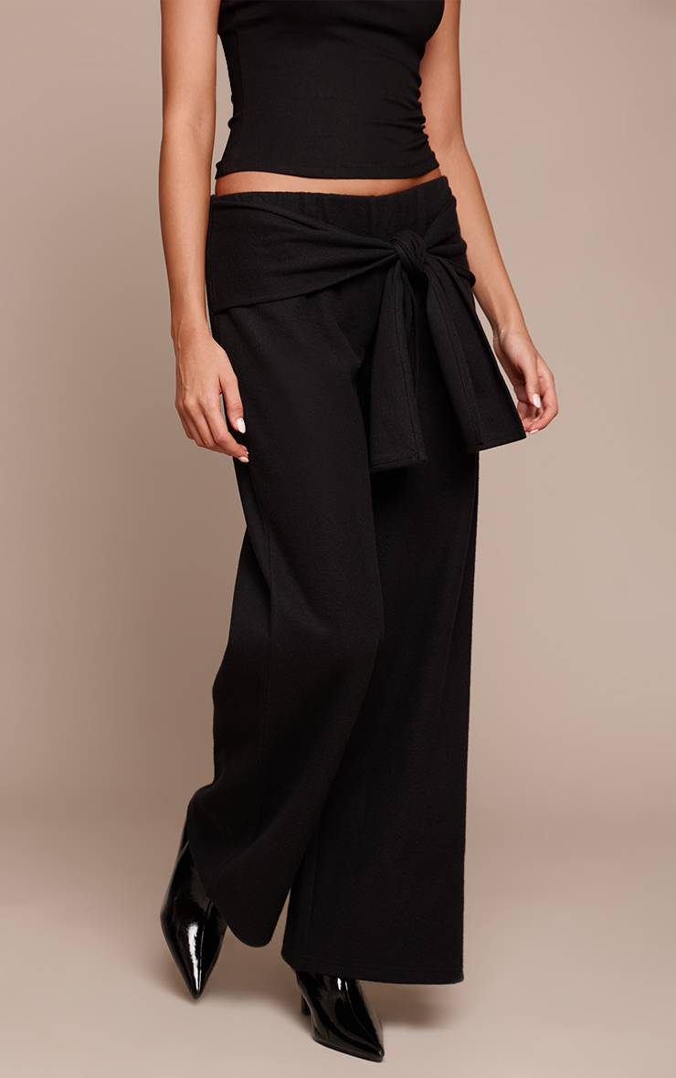 Noir Pantalon Large Côtelé Épais Avec Détail De Taille Nouée