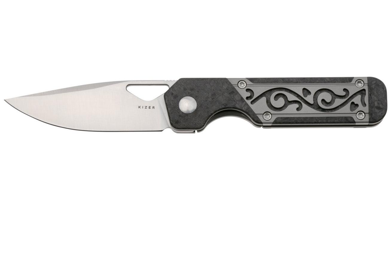 Kizer Mini Militaw Ki3634SA4 Frame Lock, Satin S45VN, Grey Titanium, Carbon Fiber, zakmes, Jonathan Styles design