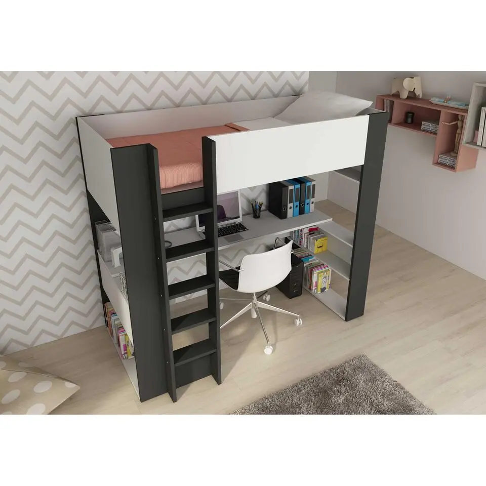 Hoogslaper Beau 90x200 met bureau - wit/grafiet