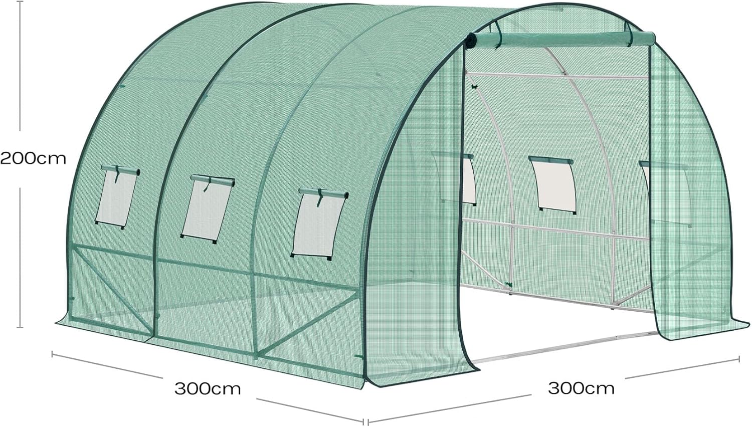 WOLTU Gewächshaus, Foliengewächshaus für Aufzucht Tomaten, Tomatenhaus Winterfest mit Tür 6 Fenstern, aus Stahlrohr PE, 300 x 300 x 200 cm, Grün