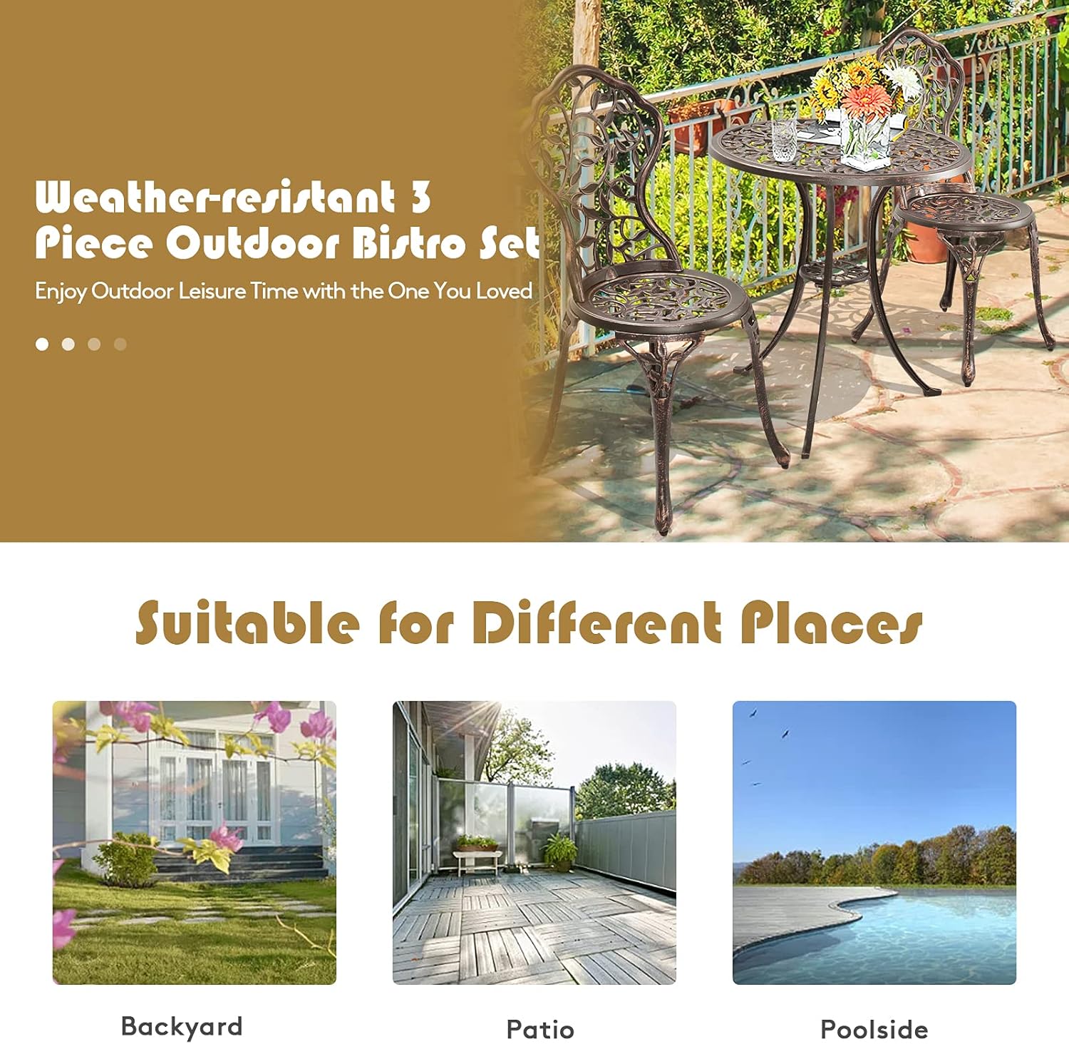 GIANTEX 3 TLG. Bistro Set, Bistrotisch mit 2 Stühlen, Gartenmöbel Set Alu, Gartenset Balkonset antik, runder Gartentisch, Balkonmöbel Set Garten Sitzgruppe 2 Sitzhocker Outdoor Bronze