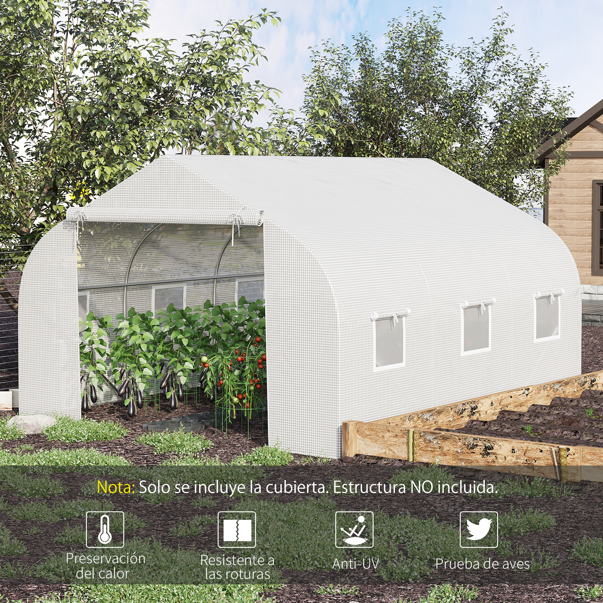 Cobertura de estufa túnel Outsunny 3,5x3x2 m, cobertura de substituição em polietileno com 6 janelas e porta de enrolar, proteção para plantas de jardim, branca.