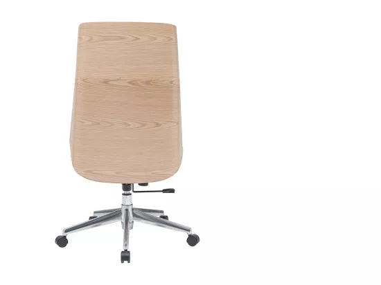 Fauteuil de bureau de direction design en tissu gris clair, bois clair et acier chromé CURVED