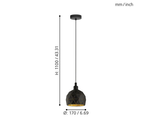 Hanglamp, 1-lichts, HxØ 110x17 cm, zwarte buitenkant, gouden binnenkant