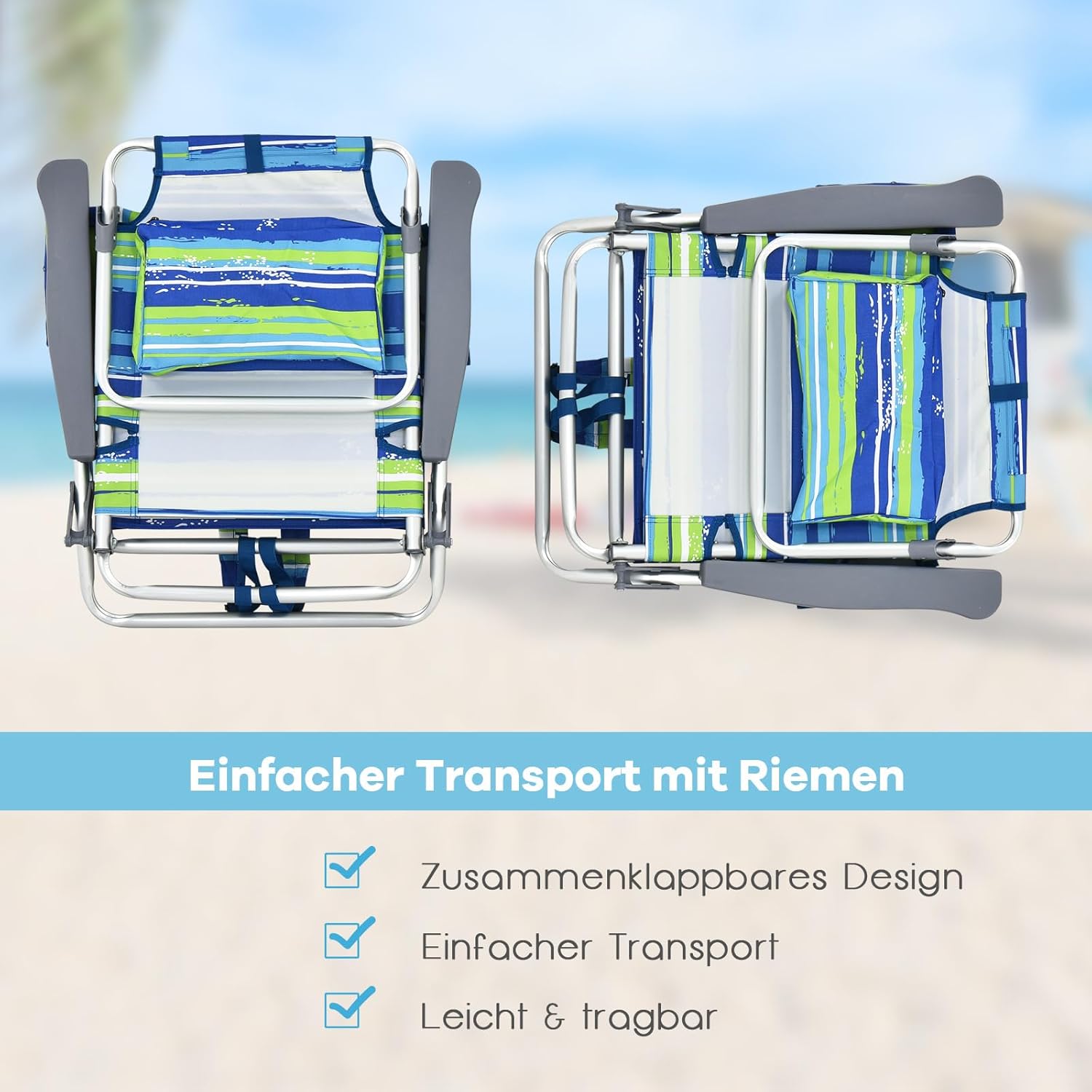 COSTWAY Strandstühle und Tisch Set, klappbare Campingstühle mit Verstellbarer Rückenlehne, Kopfstütze, Seitentaschen, Eisbeutel, Armlehnen & Schultergurten, Klappstühle leicht (Blau + Grün)