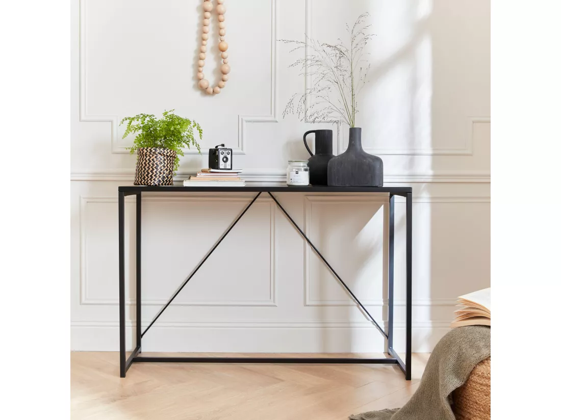 Console en métal noir 120 x 39 x 79cm - Industrielle - 1 barre de renfort