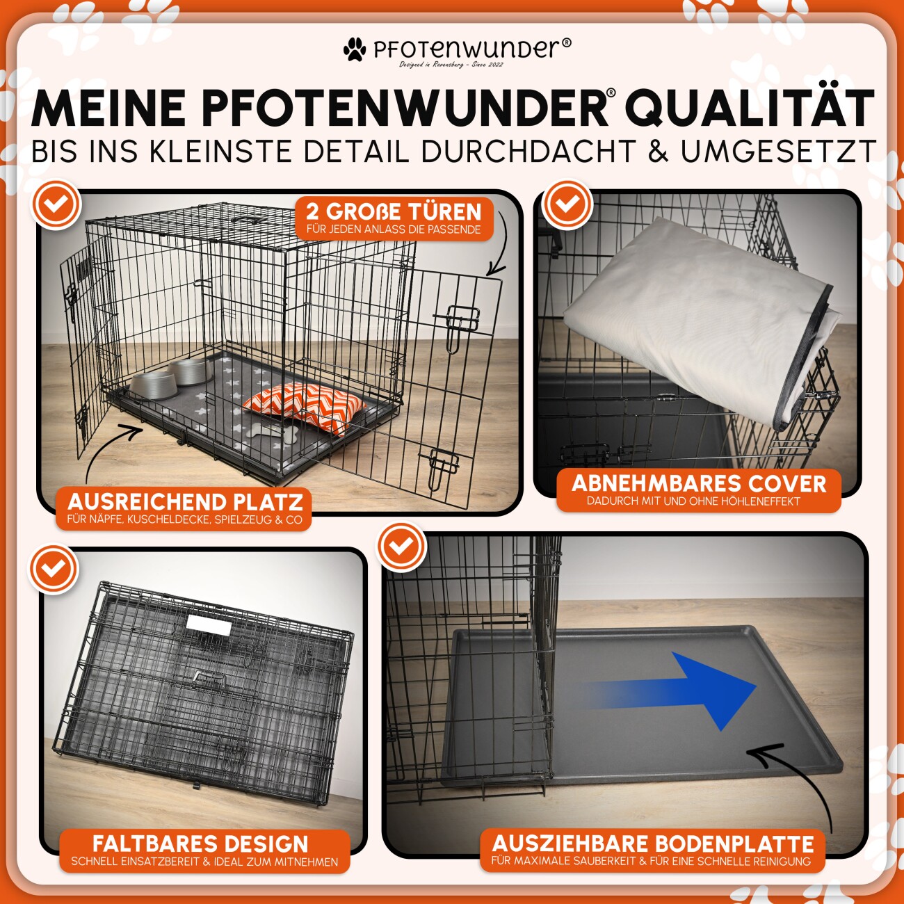 PfotenWunder® Hundekäfig klappbar 90*60*67cm, Hundetransportkäfig mit 2 Türen + 1 Abdeckung & 1 Trainingsbuch | Tiertransportbox, Hundetransportbox, Hundebox Auto, Drahtkäfig faltbar mit Bodenschale