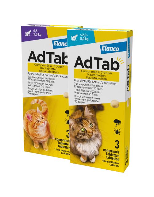 Adtab Kauwtablet Voor Katten - Anti vlooien en tekenmiddel - 3 tab >2.0 - 8.0 Kg