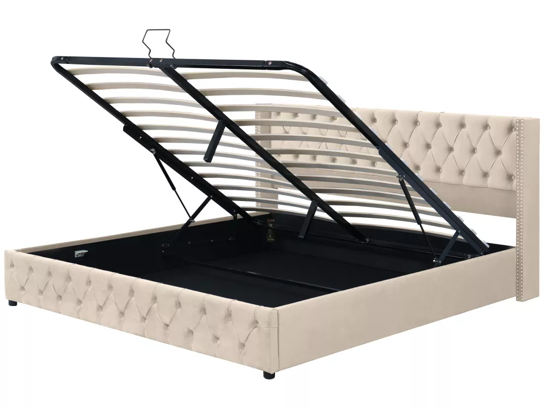 Lit coffre 160 x 200 cm, lit double rembourré en velours, décor avec rivets et boutons, sommier à lattes, style chesterfield, beige