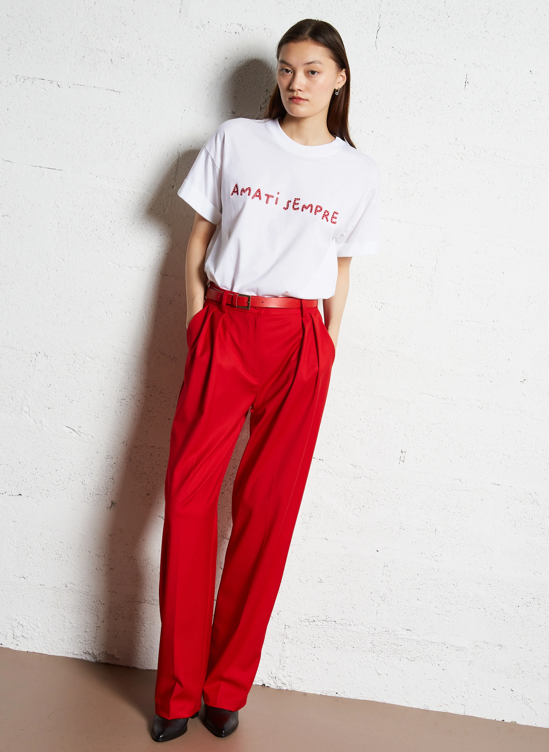 Pantalon droit à ceinture| Rouge