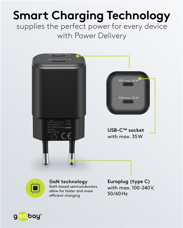 (2er Set) 35W 2x USB C GaN Ladegerät Netzteil PD   1m USB C auf USB C Ladekabel (79645) - Schwarz / Weiss