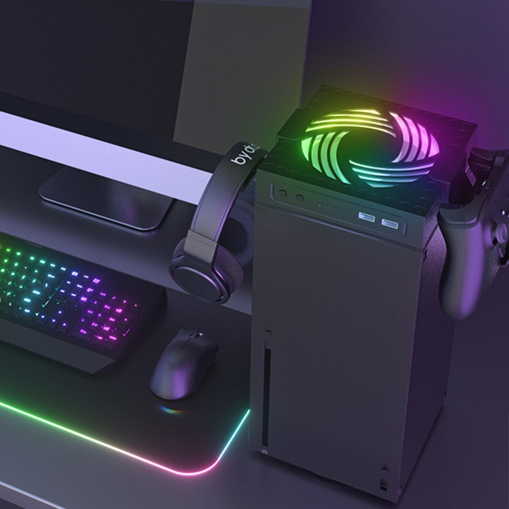 XBOX Series X USB A Kühler Lüfter mit RGB LED Beleuchtung und 2x USB Anschluss   Controller Halterung - Schwarz