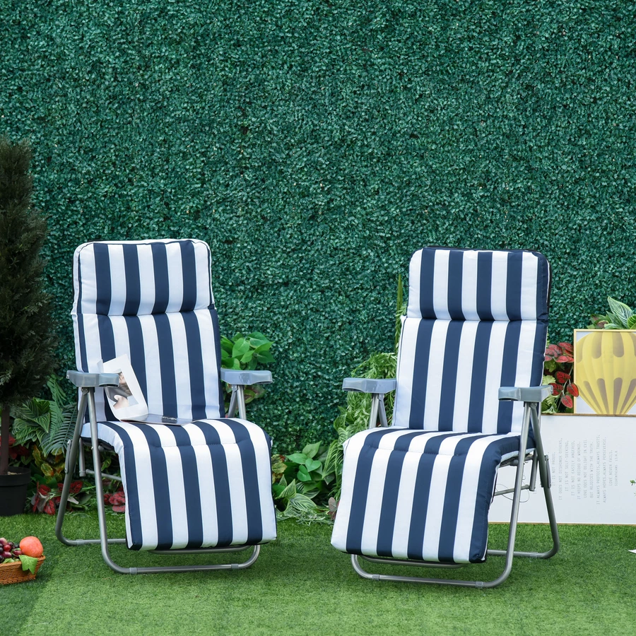 Outsunny Gartenstühle mit verstellbarer Rückenlehne und Polster blau-weiß