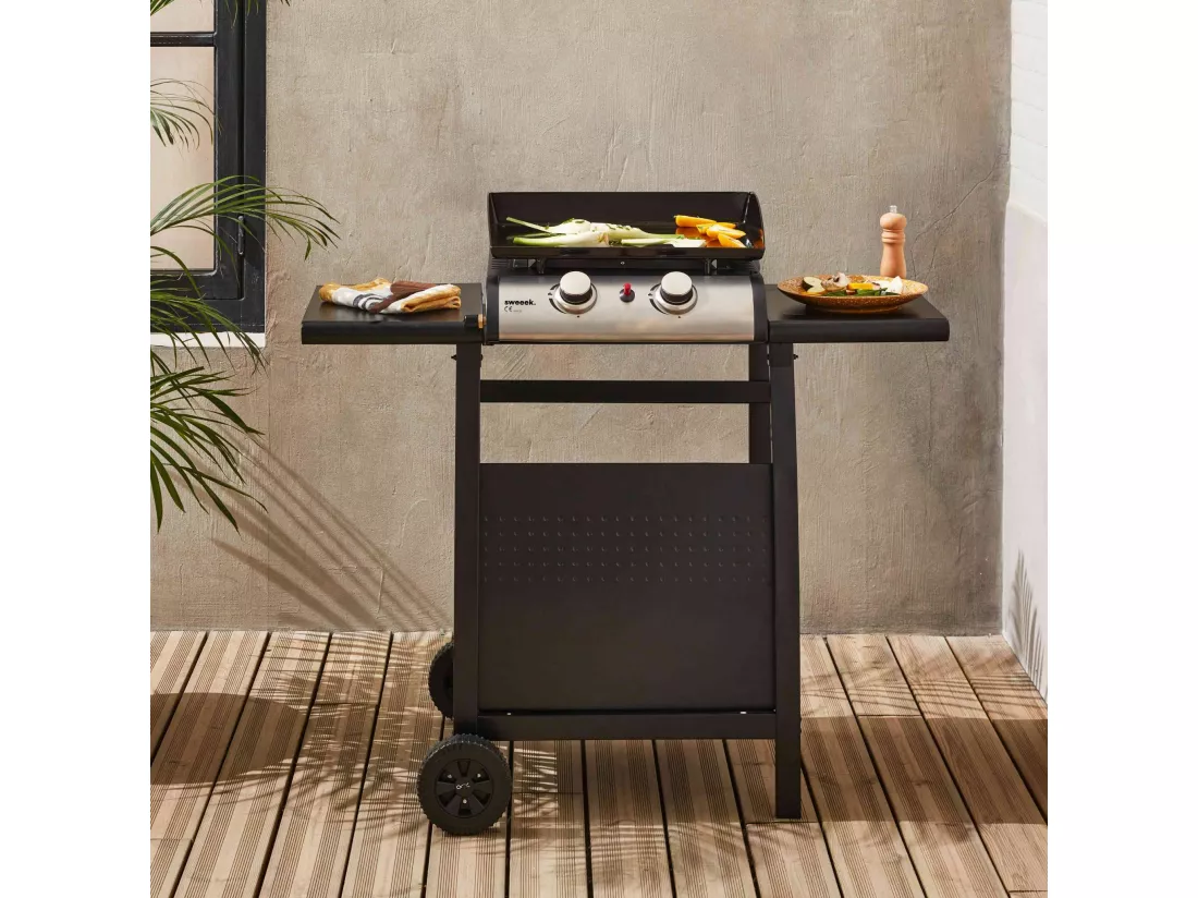 Plancha au gaz 2 brûleurs sur chariot - Porthos - 5kW. plancha à gaz avec desserte . cuisine extérieure. plaque émaillée. inox. barbecue