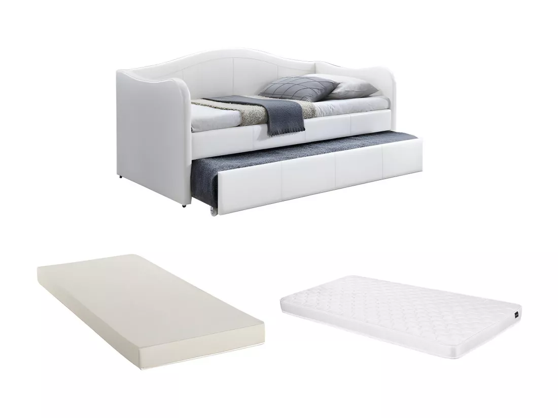 Lit banquette gigogne MATHILDE - 2 x 90 x 190 cm - Simili - Blanc + matelas