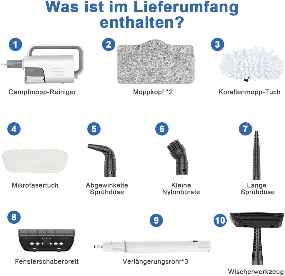 Dampfreiniger Upright, Aufheizzeit: 15 s, Handgerät mit abnehmbarem Reiniger, 2 Dampfstufen, Zubehörteile und Mikrofaserpads, Ideal für Alle Böden, Teppiche