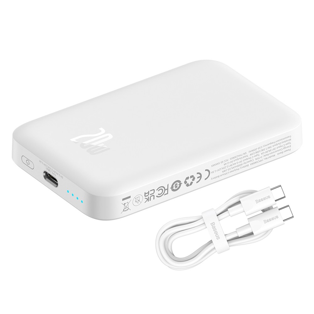 (20W) Mini 6000mAh Magnetische MagSafe USB C Powerbank Power Delivery Ladegerät inkl. USB C Ladekabel mit LED Anzeige - Weiss