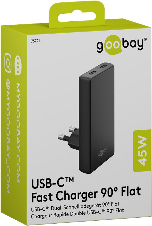 (45W) Dual 90° Flat USB C GaN Ladegerät Netzteil Power Delivery Quick Charge (75721) - Schwarz