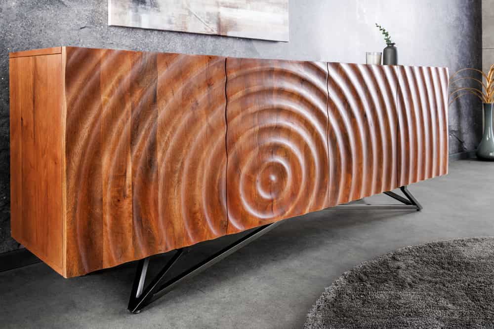 Design Sideboard ZEN 180cm braun Mangoholz mit 3D Schnitzereien Metallgestell schwarz handmade