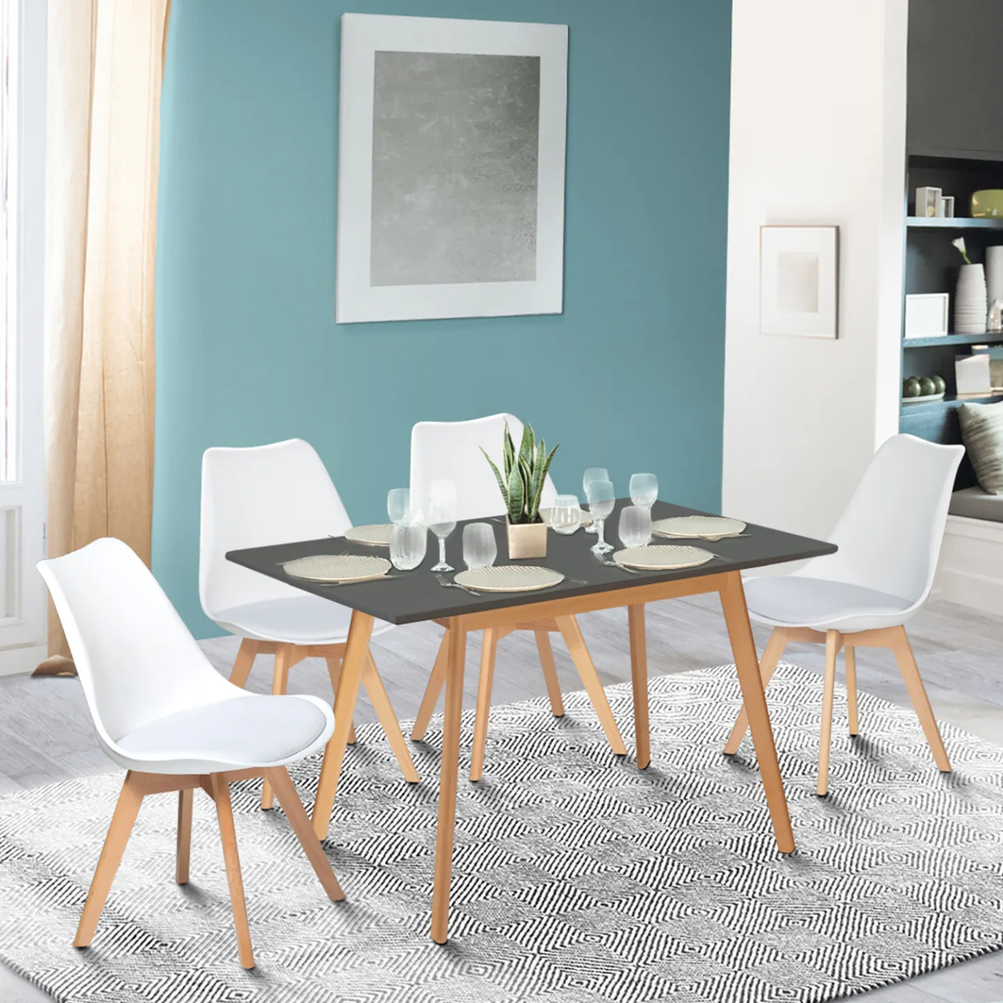 Table scandinave extensible rectangle INGA 4-8 personnes plateau gris anthracite pieds bois 120-160 cm