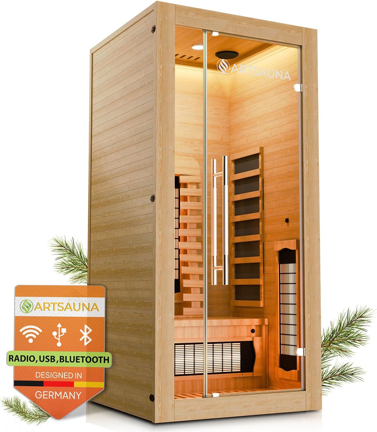 Artsauna Infrarotkabine Kiruna90 Premium mit Vollspektrum- & Flächenstrahler, 1 Person, 90x90x190 cm, LED Farblicht & Glastür, Infrarotsauna Sauna - Rückenstrahler dimmbar