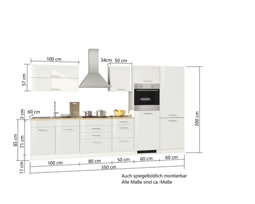 Held Furniture keukenblok met apparatuur Milan 350 cm wit hoogglans gedemonteerd omkeerbaar model 628.1.6210