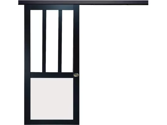 Porte Coulissante Atelier Noir Et Panneau Blanc Vitree H204 X L83 + Rail Alu Bandeau Noir Et 2 Coquilles Gd Menuiseries