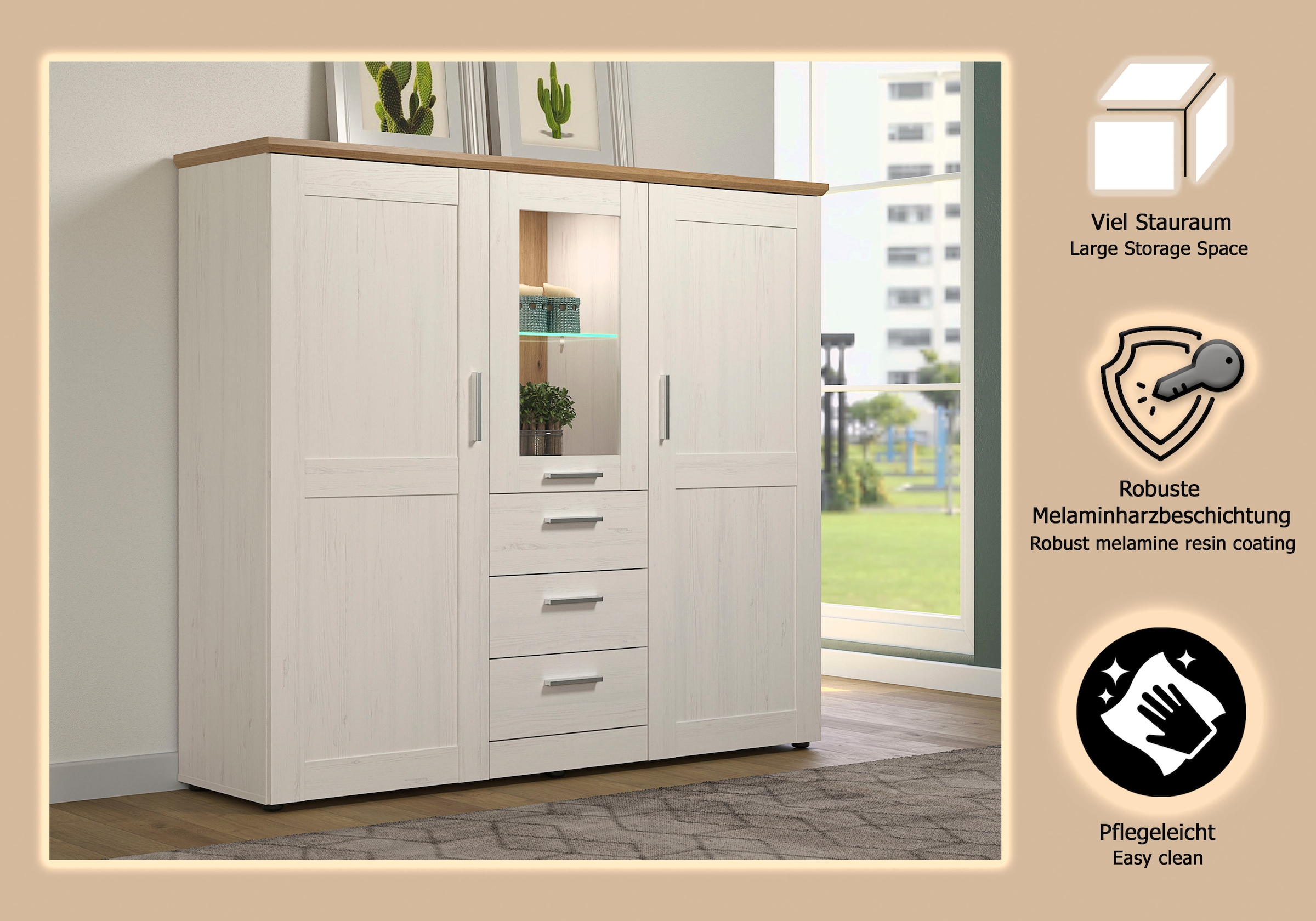 Home affaire Highboard »Nybro« Vitrine, wechselseitig montierbarer Türanschlag, Breite 159 cm